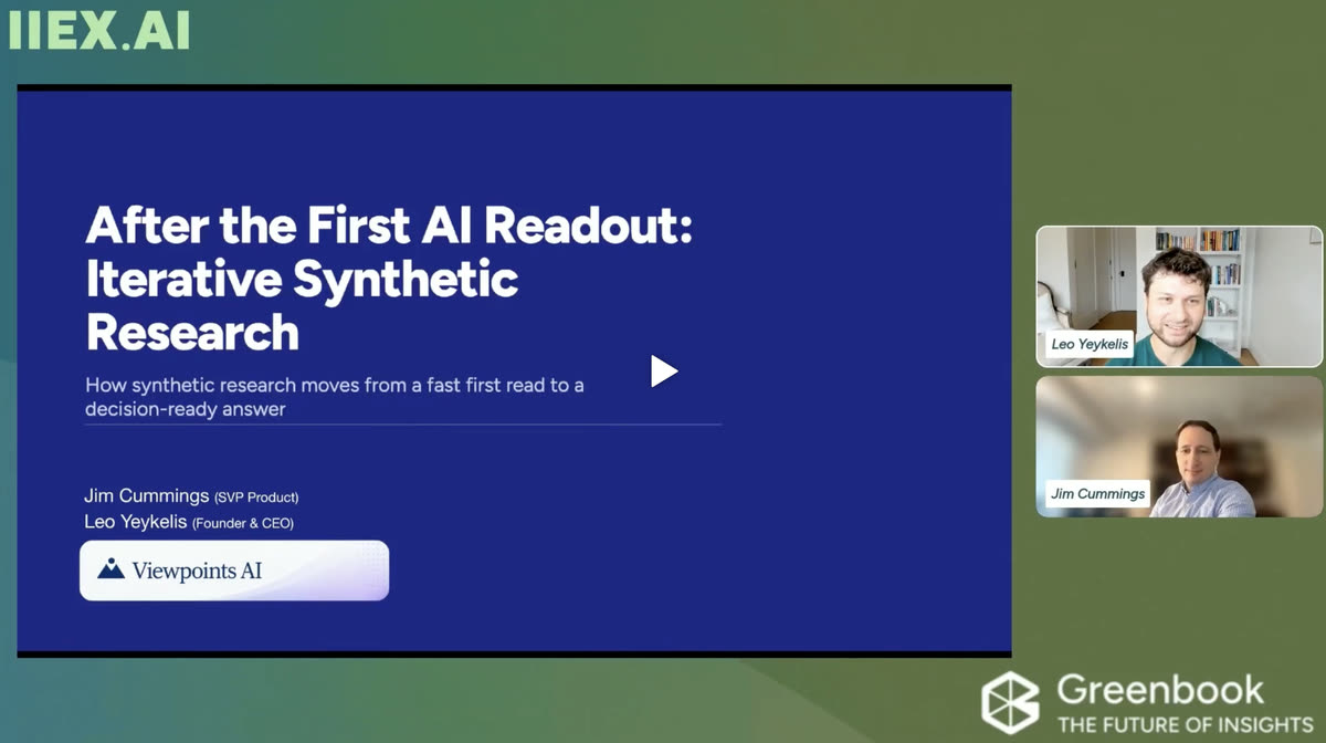 Title slide, After the First AI Readout: Iterative Synthetic Research, with Leo and Jim on video at IIEX AI.