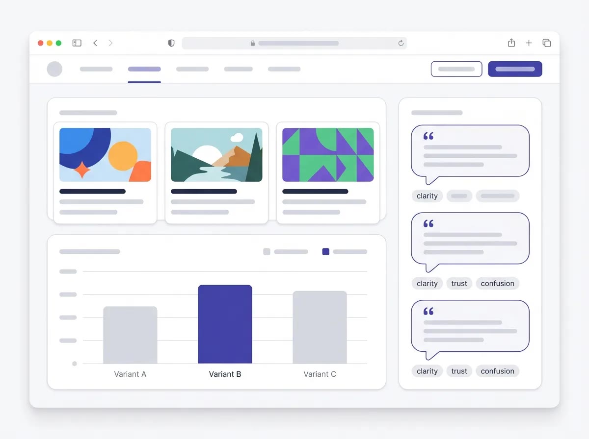 A light-theme visual showing an ad or creative test with variant comparisons and summarized takeaways.